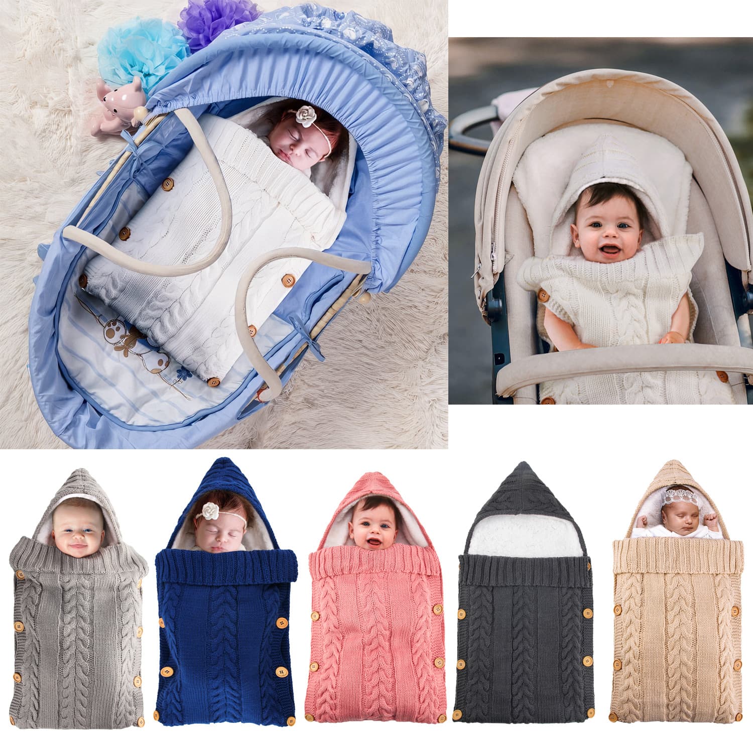 New European and American Fleece-Lined Sleeping Bag, Baby Stroller Warm Button Sleeping Bag, Baby Knitted Yarn Sleeping Bag
