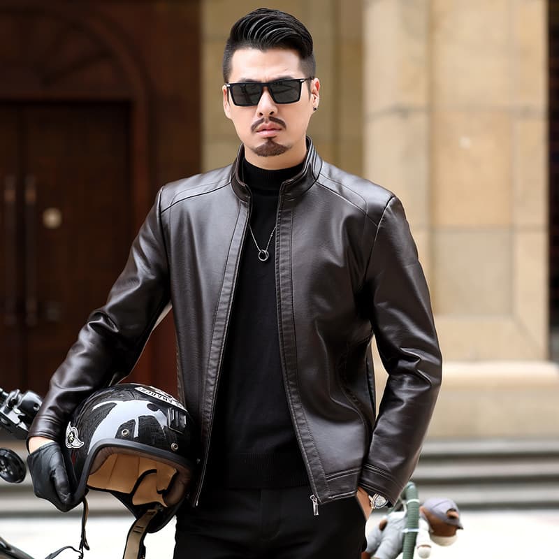 2024 Autumn/Winter New Haining Genuine Leather Jacket Men Slim Fit Short Stand Collar Leather Coat Middle-Aged Men Real Leather Outerwear