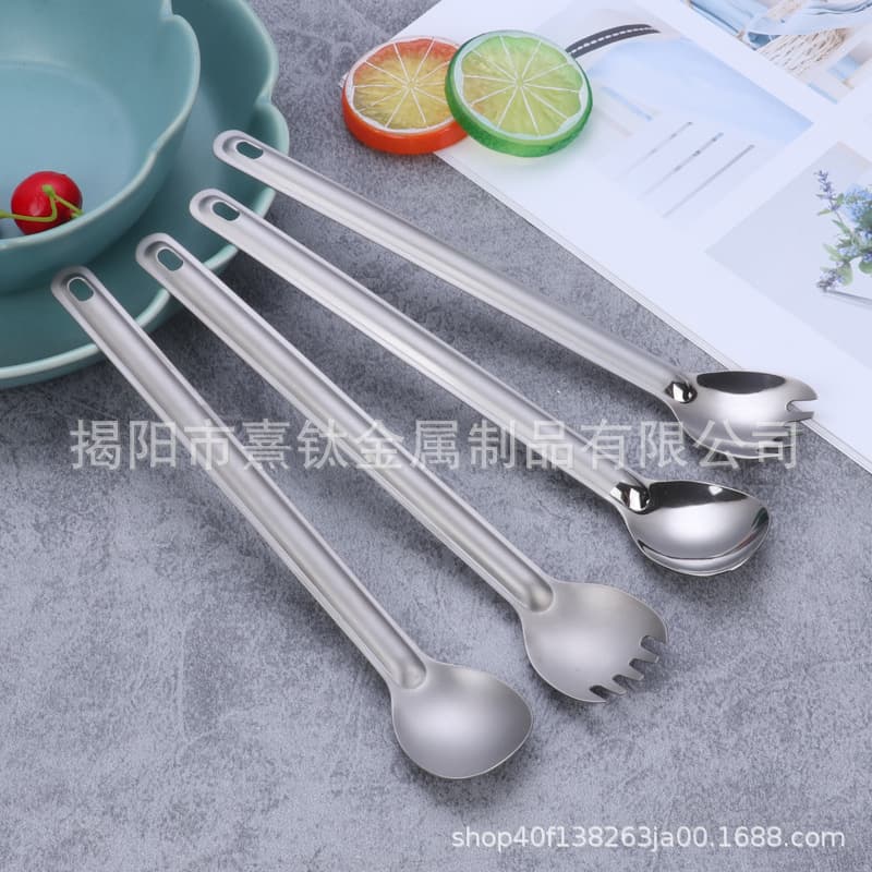 Outdoor Titanium Cutlery Pure Titanium Fork Spoon Camping Long Handle Extended Portable Coffee Stirring Metal Dessert Spoon Soup Spoon