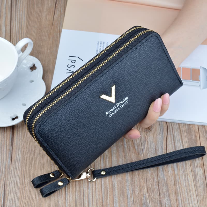New style women's wallet with double zippers, long clutch, fashion minimalist pebble grain large capacity double-layer billfold phone purse.