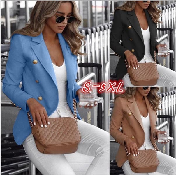 Pure Color Long Sleeve Double Breasted Small Suit Jacket Autumn Hot Sale Fashionable Women's Polyester Fibre Business Wear