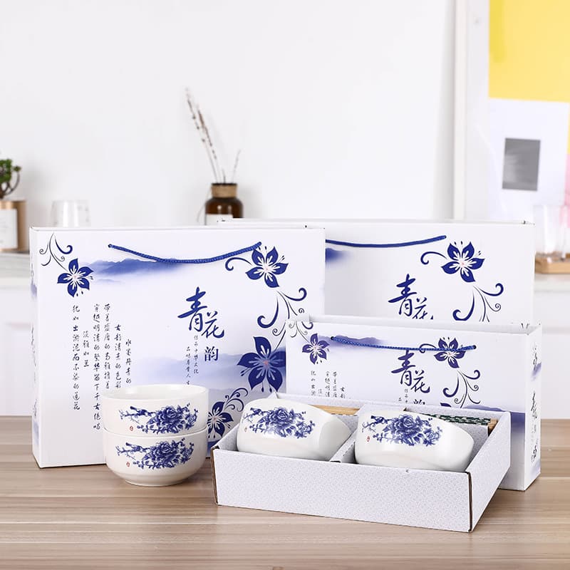 Japanese Style Bowl and Chopstick Set, Blue and White Porcelain Bowl Set, Ceramic Bowl Set, Wedding Return Gift and Promotional Gift Bowls