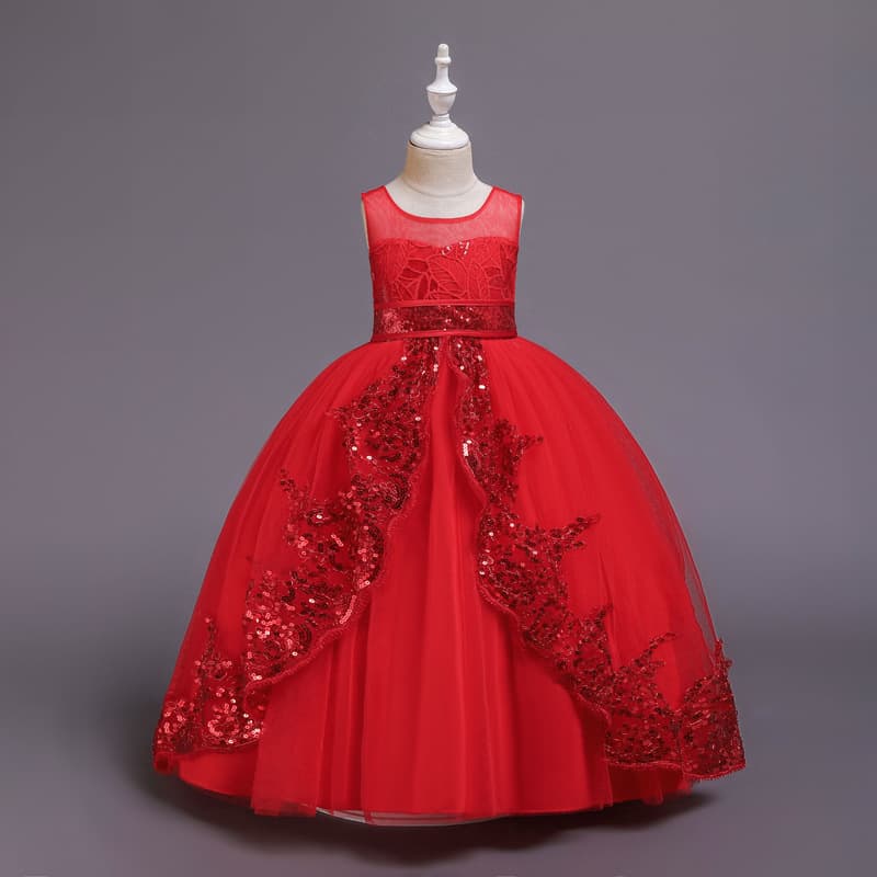 Girls Princess Wedding Dress with Sequined Skirt Performance Gown Party 3D Lace Long Dress Flower Girl Wedding Dress