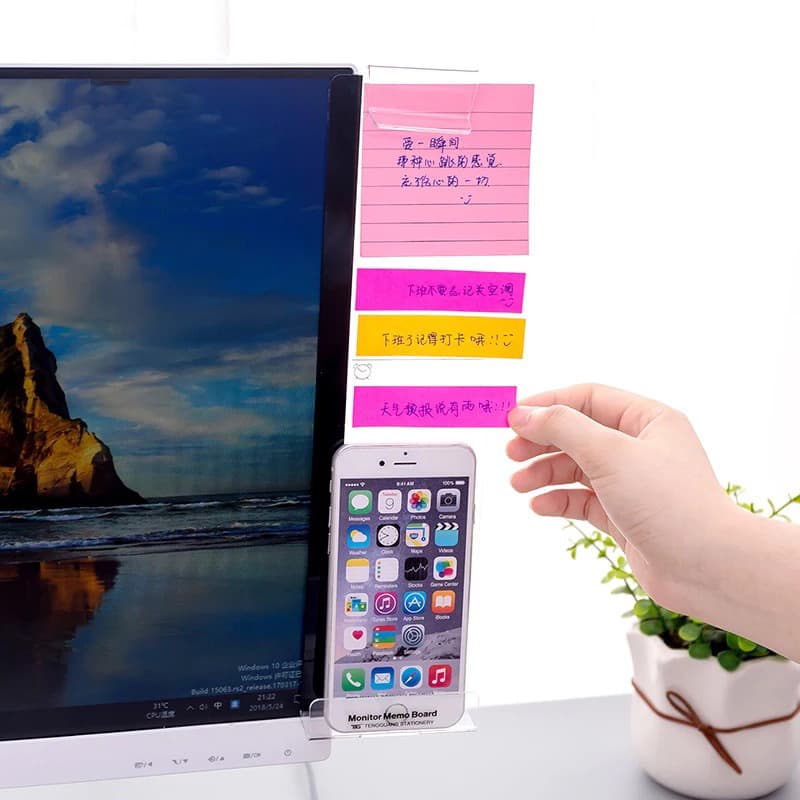 Side-Mounted Computer Screen Memo Board, Transparent Sticky Note Holder with Phone Slot