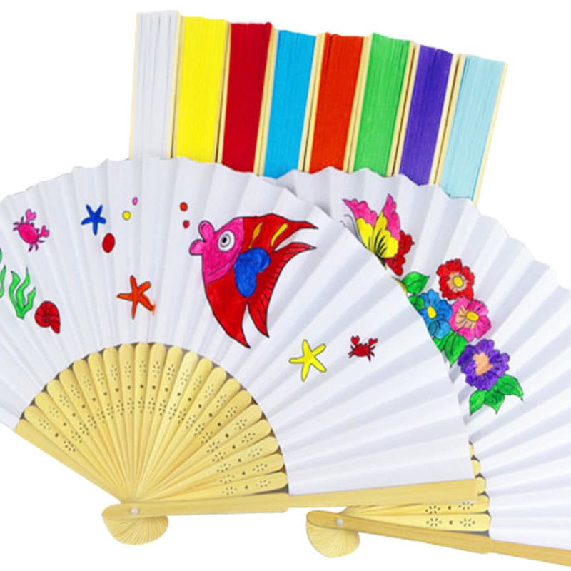 7-inch plain paper folding fans, blank or colored for children's painting, DIY hand-painted fans, suitable for export.