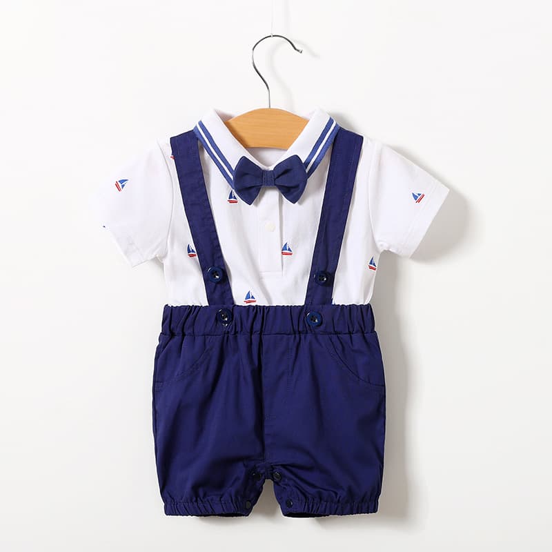 Baby Boy Short-Sleeve Suspenders Pants Set Summer Infant Two-Piece Cotton Newborn Gentleman Outfit Cross-Border Wholesale
