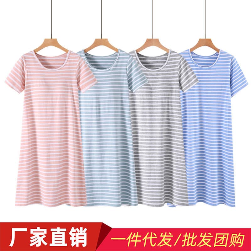Summer Modal Cotton Women's Striped Short Sleeve Nightgown Thin Loose Plus Size Half Sleeve Midi Dress Sleepwear Loungewear