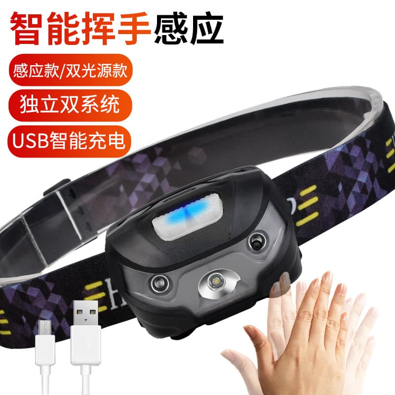 Cross-border E-commerce USB Rechargeable High Brightness LED Waterproof Motion Sensor Headlamp, Running Headlamp, Fishing Charging Plastic Headlamp