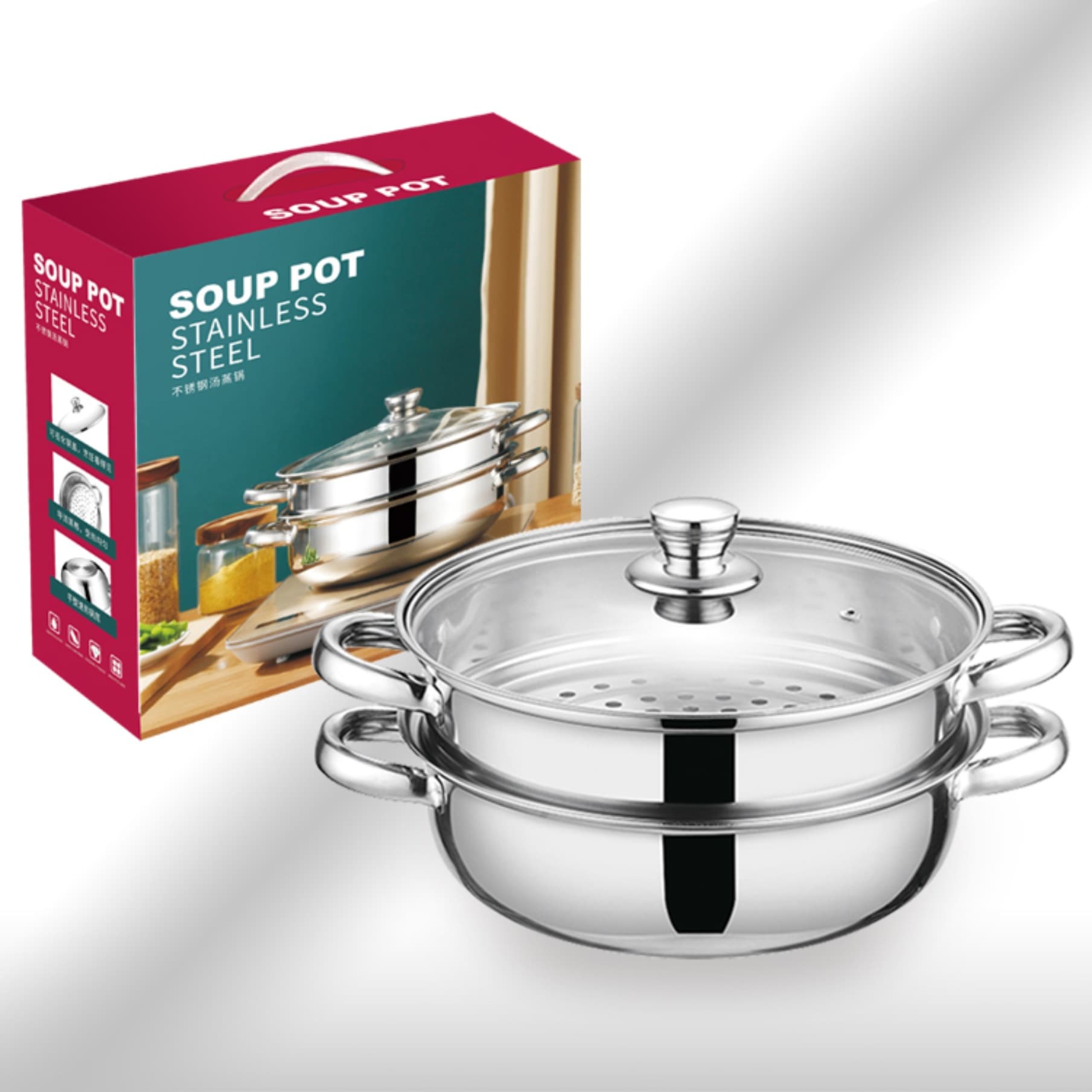 Factory direct supply of stainless steel steamers, double-layer and triple-layer soup steamers, multi-purpose steamers and hot pots, customizable opening gifts, 28cm.