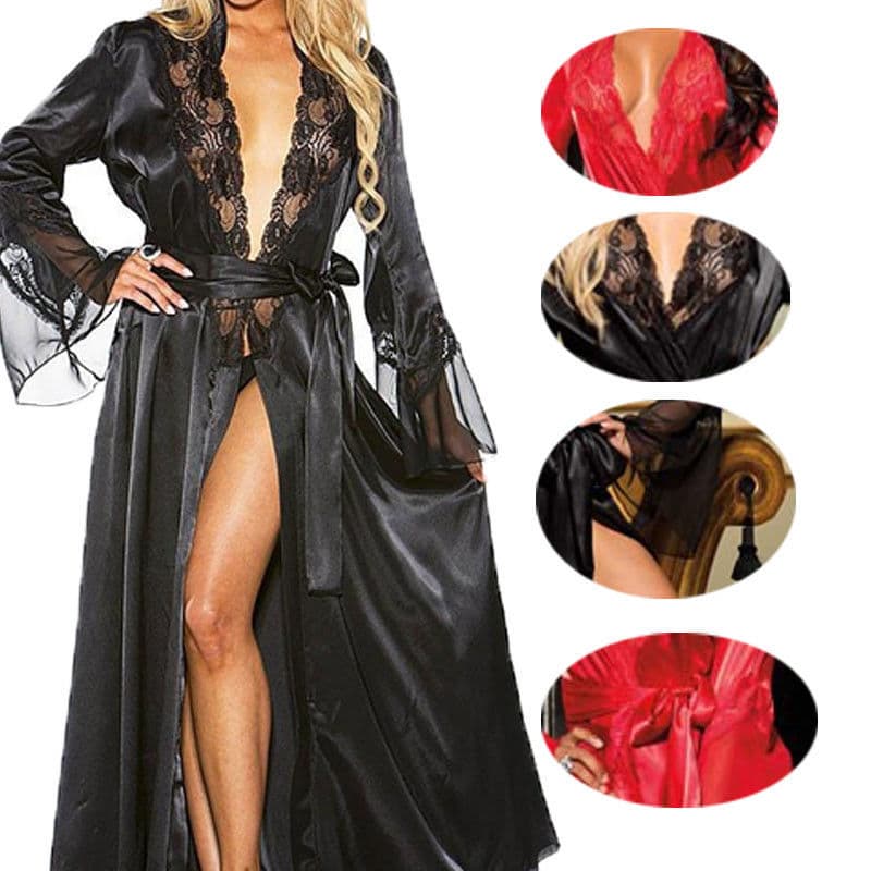 Cross-border foreign trade sexy female lingerie European and American lace large size see-through extra long bathrobe see-through nightgown