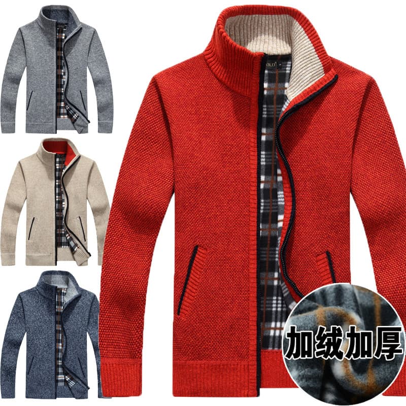 Men's Autumn/Winter Cardigan Zipper Sweater Thickened Fleece-Lined Stand Collar Loose Warm Knitwear Jacket Top
