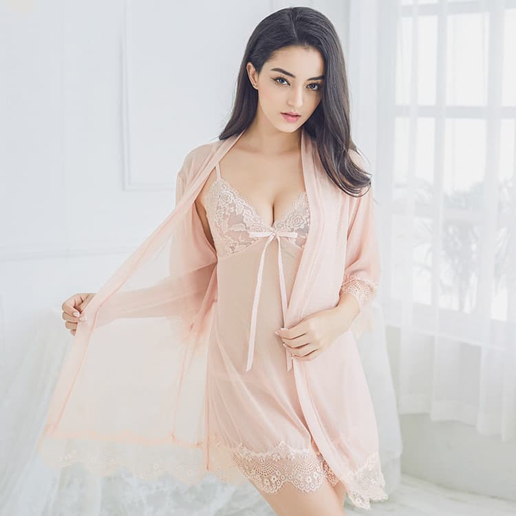 Elegant Lace Chemise Nightgown Set, Sexy See-through Design with Straps, Women's Underwear, Tempting and Playful, Nylon Fabric