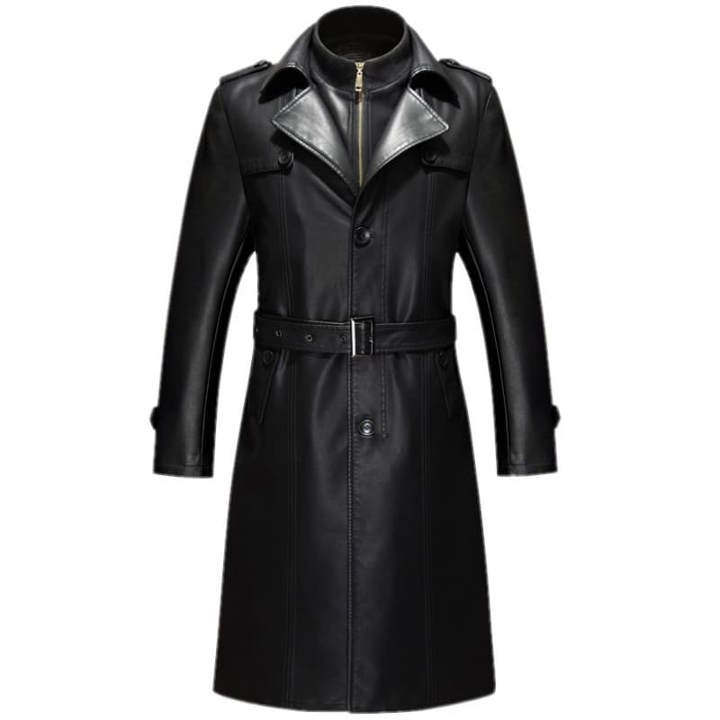 2024 Autumn/Winter Haining Genuine Leather Jacket, Sheepskin Trench Coat, Mid-Length Lapel Leather Overcoat for Middle-Aged Men