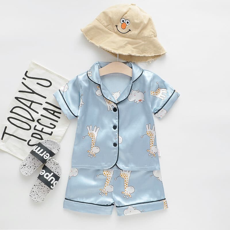 Summer Baby Sleepwear Set Single Button Top Shorts Two Piece Set Comfortable Polyester Fiber Unisex Cute Cartoon Animal Pattern