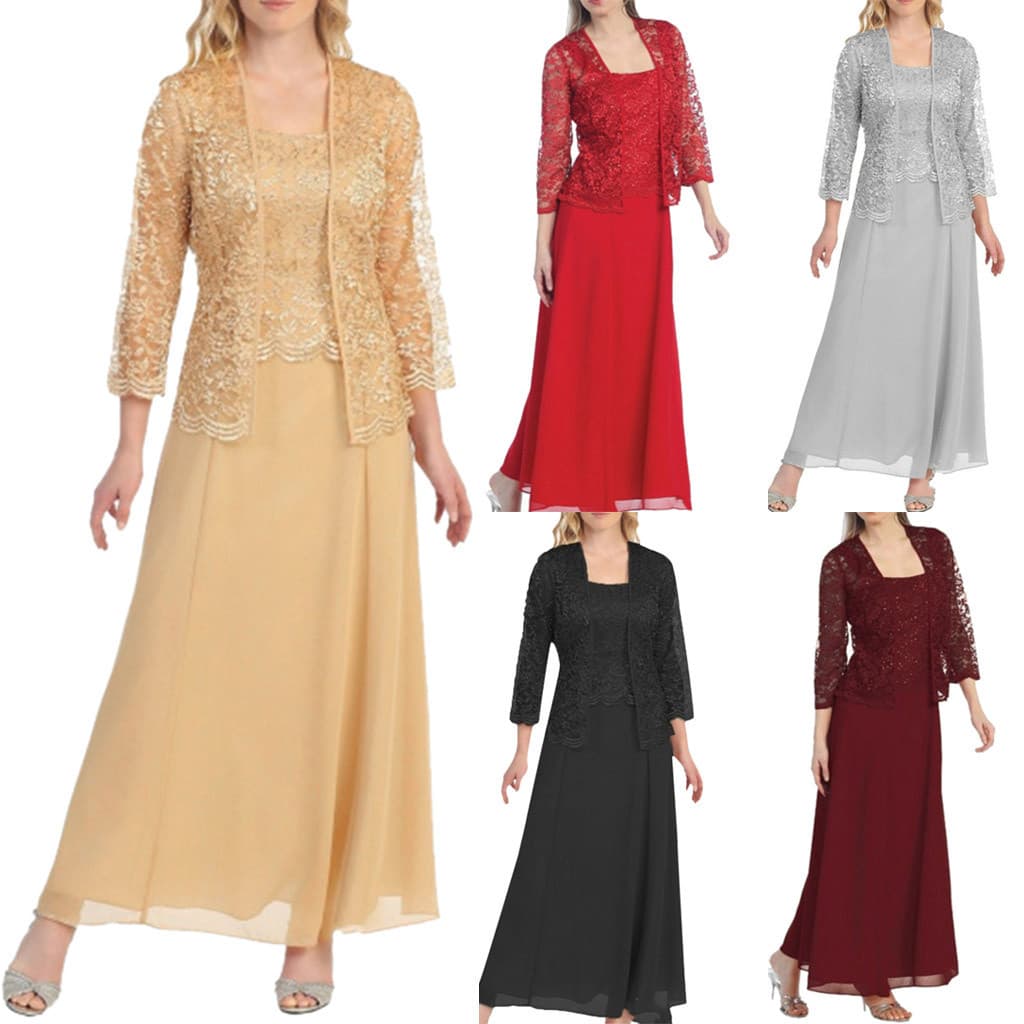 Amazon AliExpress Fashion European and American Style Two-Piece Lace Cardigan Chiffon Long Dress Plus Size Women's Clothing 9957