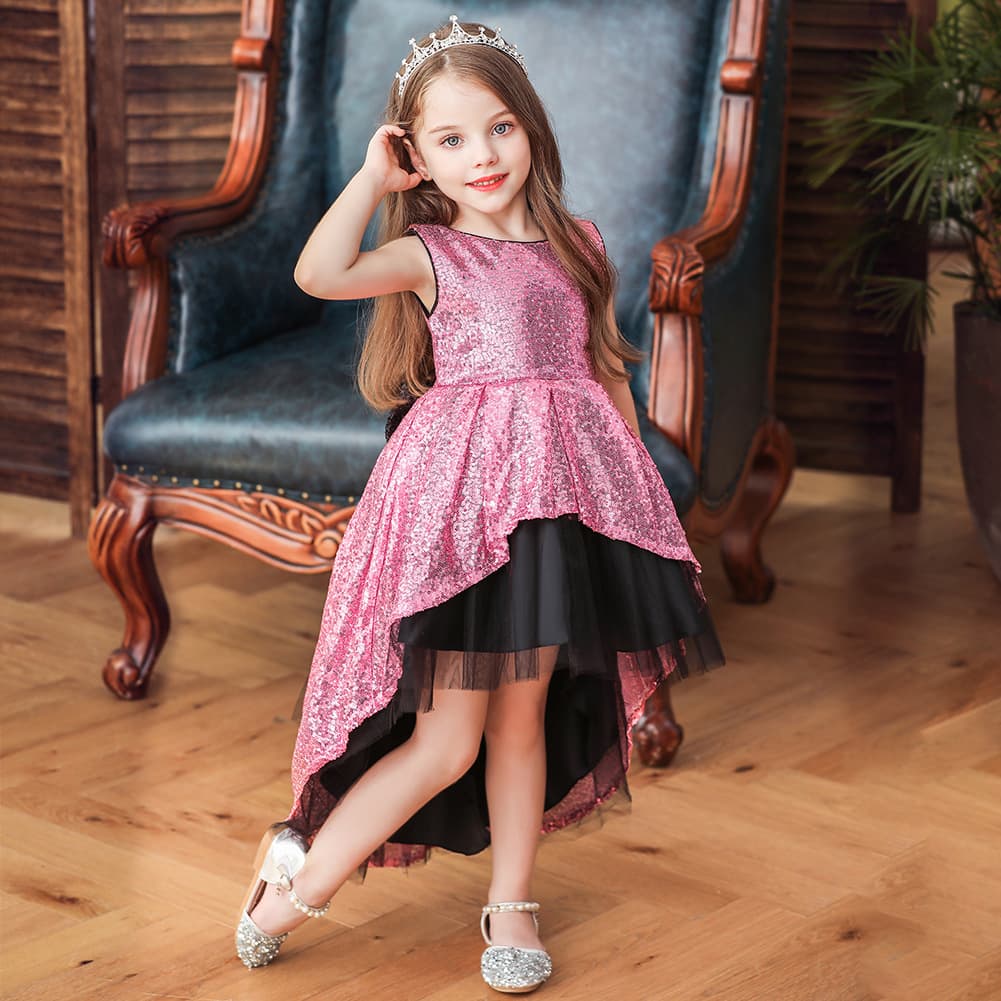 Children's Evening Gown Princess Dress Tulle Tutu Sequined Wedding Dress with Train for Flower Girl Runway Piano Performance Summer