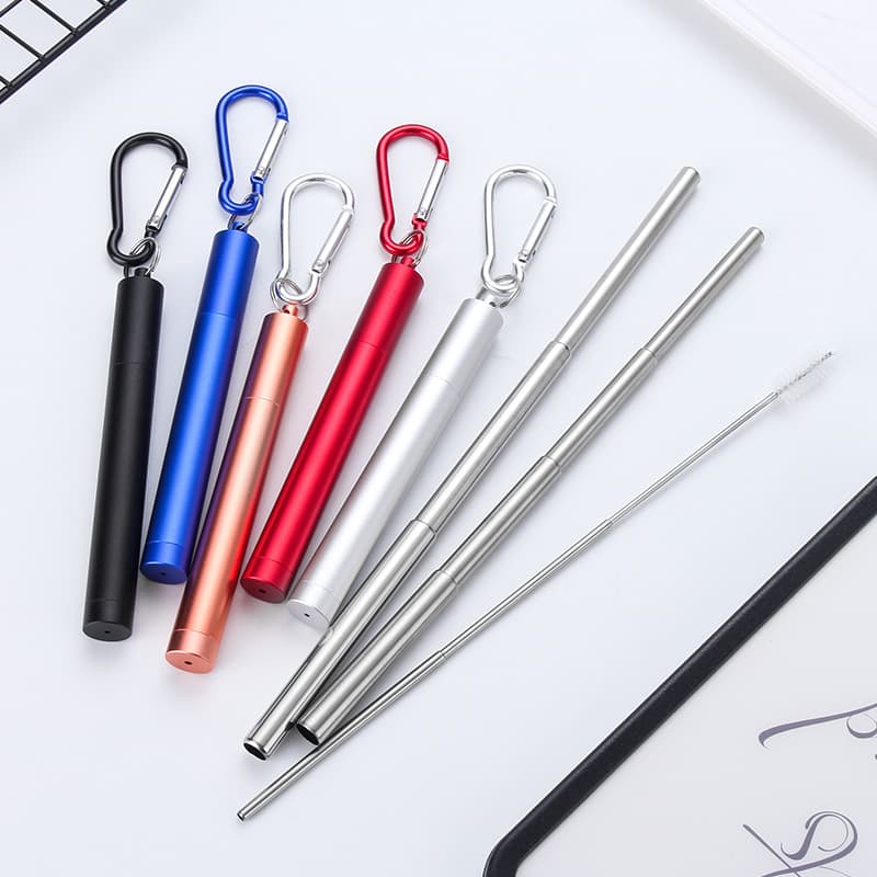 Portable Outdoor Travel Gift 304 Stainless Steel Retractable Straw Three-Piece Set with Aluminum Alloy Storage Tube Sleeve, Colorful