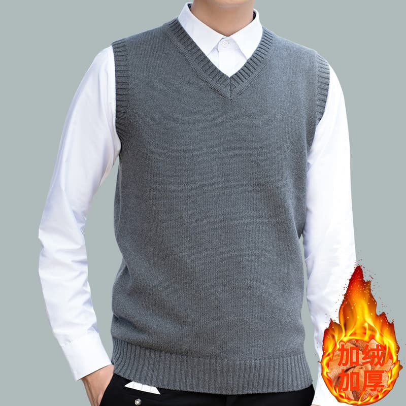 Winter New Casual Korean Style Fleece-Lined Thick Men's Pullover Knitwear V-Neck Vest Sweater Men's Sleeveless Jacket