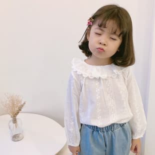 Girl Spring Autumn New Style Kids Long Sleeve Shirt Lace Collar Blouse Simple Solid Color Doll Top Drop Shipping