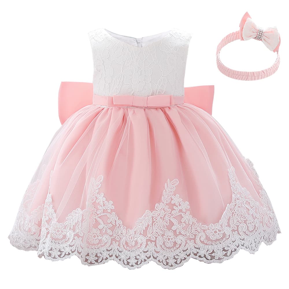 Princess Style Lace Dress for Toddlers And Infants with Bow Knot Splicing Christening Gown Girls Dress Suitable for 1-3 Years Old