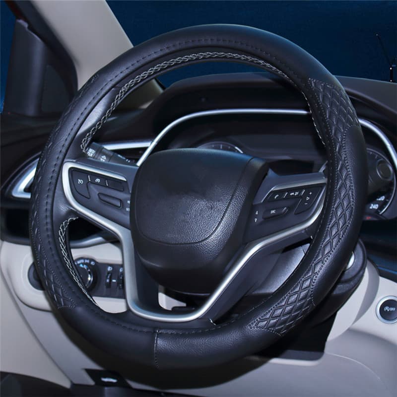 Car Steering Wheel Cover, Universal Four-Season Steering Wheel Cover, Embossed Leather Cover, Interior Decoration Accessory