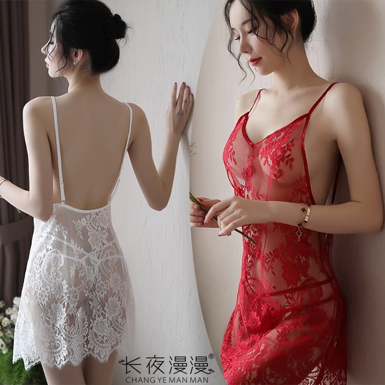 Long Night Sexy Lingerie Sleepwear V-Neck Backless Sheer Plus Size Camisole Lace Eyelash Nightgown 1223