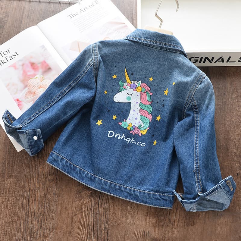 Export autumn Korean version girls' jacket, cartoon unicorn stylish cardigan, distressed lapel short denim top