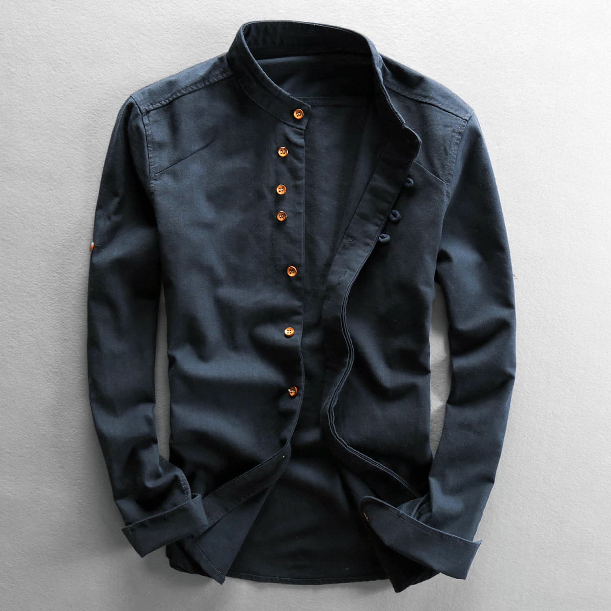 2023 New Men's Cotton Linen Shirt Casual Linen Shirt Retro Stand Collar Slim Fit Cotton Linen Shirt