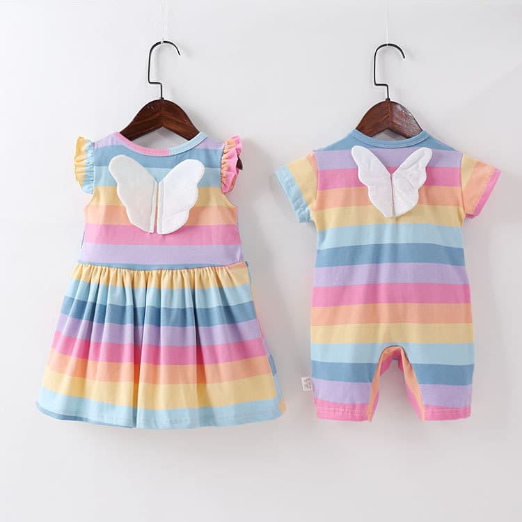 Girls Summer Rainbow Stripes Vest Skirt Dress Sweet Flying Sleeve Wings Dress Korean Style Cotton A-Class Safety Child Clothing
