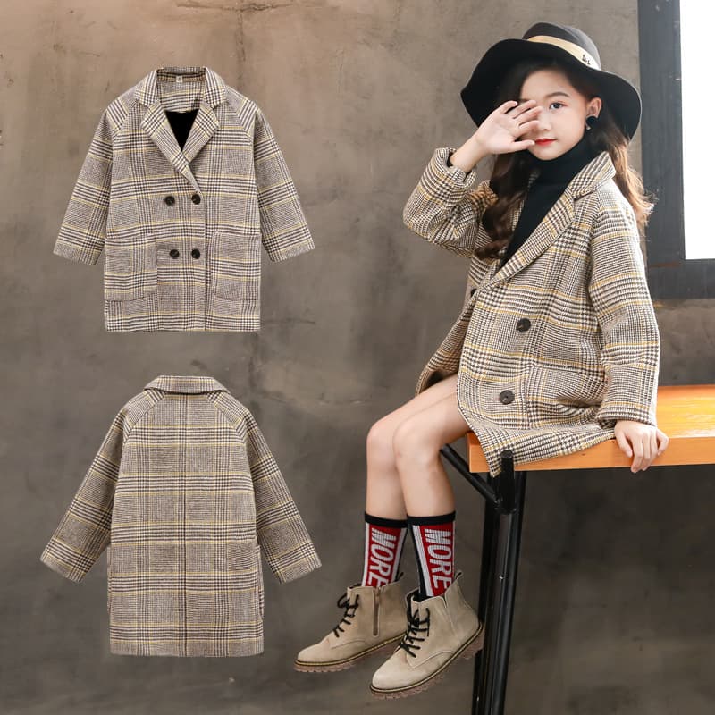 Girl's Wool Coat 2025 Autumn/Winter New Children's Mid-Length Plaid Jacket Medium to Big Kids Fashionable Wool Coat Trendy