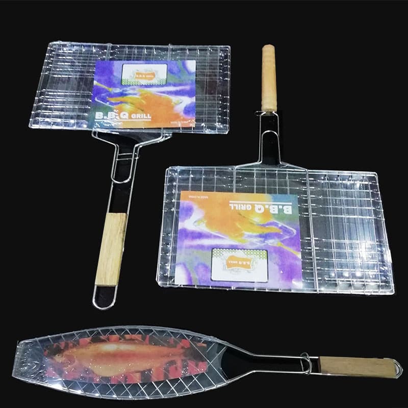 Wooden handle fish grill clamp, thickened hamburger clamp, BBQ grill with reinforced wire, grilling tool net clamp