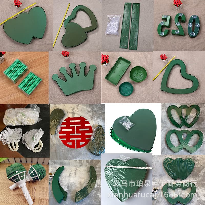 Various mud-covered wedding car suction cups, heart-shaped flower trays, V-shaped hexagonal wedding supplies, car front decorations, and handmade flower arrangements.