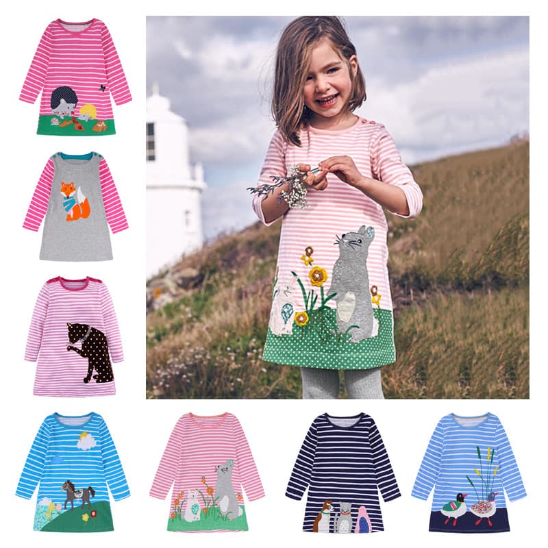 Amazon European and American Girls' Long Sleeve Striped Princess Dress Cartoon Embroidered Girl Dress