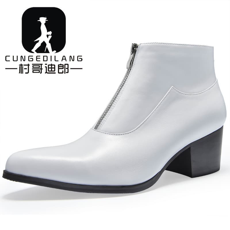 Drop Shipping New High Heel Pointed Toe Men's Boots Fashion Trendy Cowhide Boots British Style High Top New White Shoes