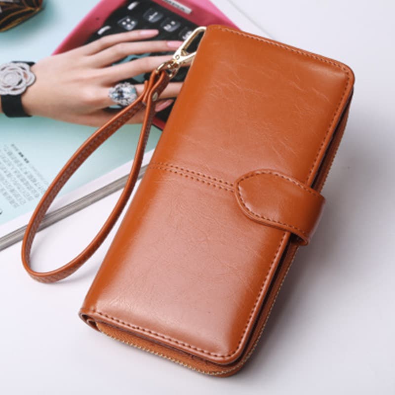 Women's Wallet 2023 New Zipper Wax Leather Buckle Mobile Phone Bag Wax Leather New PU Handheld Bag