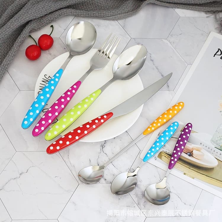 Rainbow-colored plastic handle stainless steel knife, fork and spoon, plastic handle Western tableware, polka dot handle steak knife, fork and spoon