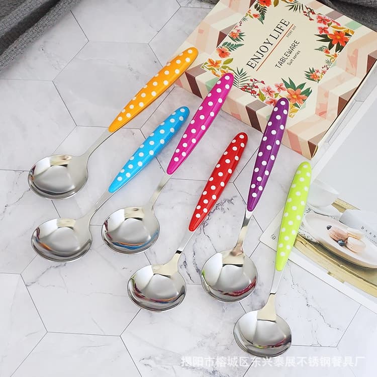 Rainbow Plastic Handle Stainless Steel Knife Fork Spoon, Colorful Handle Western Tableware, Polka Dot Handle Steak Knife Fork Spoon