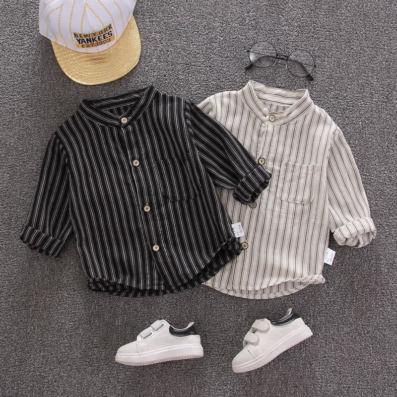 Children's clothing boys' shirts 2025 new baby boy shirts children's spring and autumn tops thin vertical strip long-sleeved shirts trendy