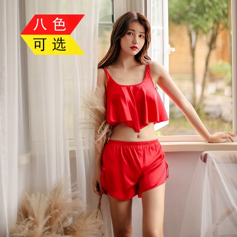 Elegant Lace Nightgown Set Women's Satin Chemise Attracting Strap Sleepwear Polyester Fiber Short Skirt Style Home Clothes