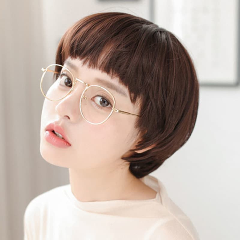 Women's Short Straight Hair Wig Cute Mushroom Head Headset Round Face Suitable Fiber Hair Cap for All Skin Colors