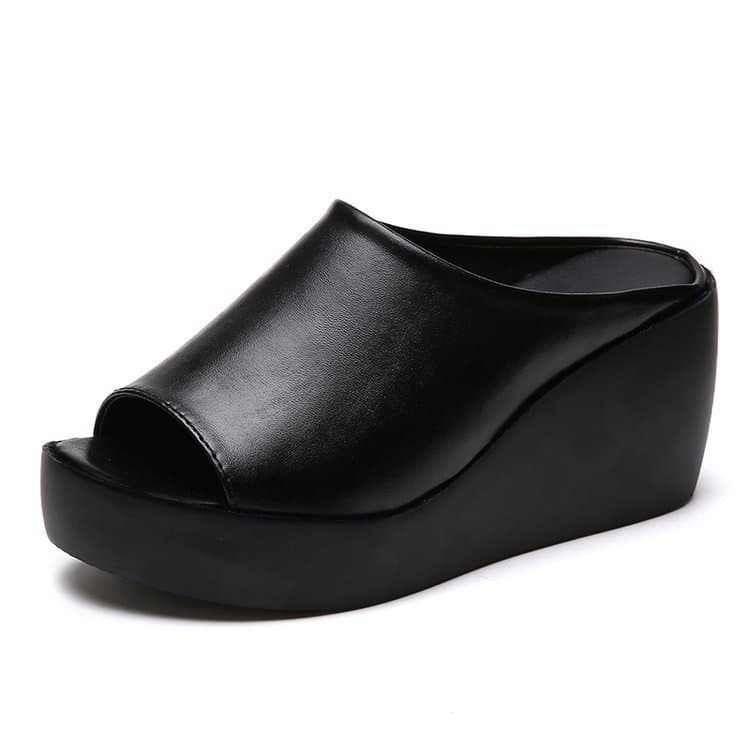 Summer New Fashion Korean Style One-Band Wedge Heel Slippers Versatile High Heel Platform Sandals Black and White Women's Shoes