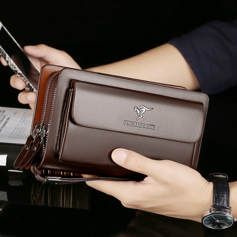 Men's Business Handbag Double Zipper Large Capacity Mobile Phone Bag Multi-Slot Handheld Bag PU Leather Commuter Style
