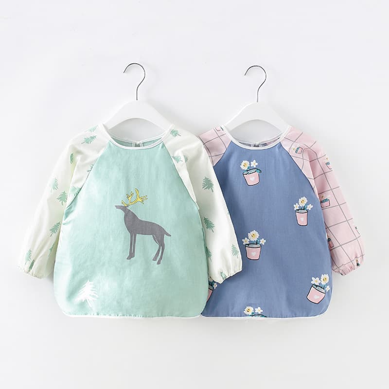 Thin pure cotton baby bib smock for spring/summer, kindergarten reverse wear apron with waterproof protection
