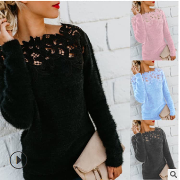 Large Stock Amazon eBay Hot-Selling European and American Women's Solid Color Patch Lace Long Sleeve Sweater OM8819