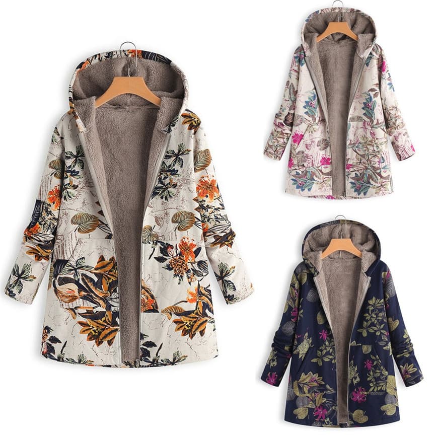 Winter European/American New Women's Wear SU Leaf Print Hooded Long Sleeve Retro Jacket