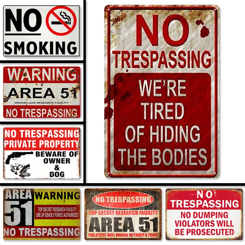 2024No Trespassing Retro Public Warning Sign Iron Painting Background Wall Frameless Decorative Hanging Painting