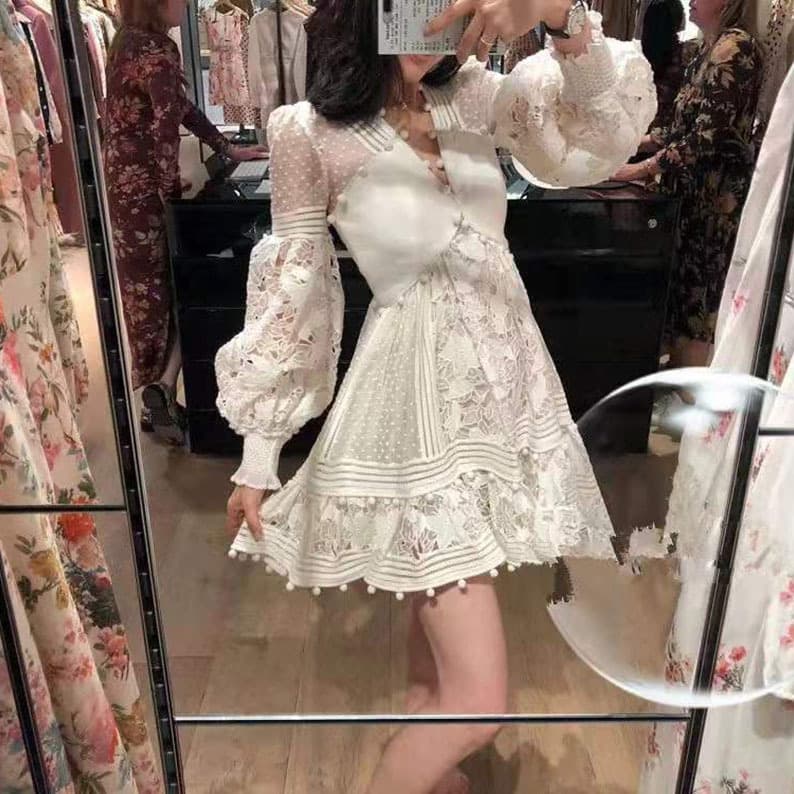 Plus Size 2024 Autumn Winter Women's Foreign Trade Women's Clothing Amazon Long Sleeve V-Neck Hollow Lace Dress Medium Skirt ...