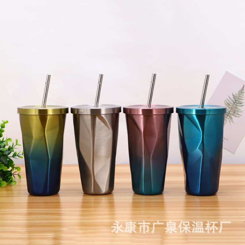 Custom Stainless Steel Diamond Cup Straw Cup Gradient Color Straw Cup Outdoor Car Portable Coffee Cup Gift Cup