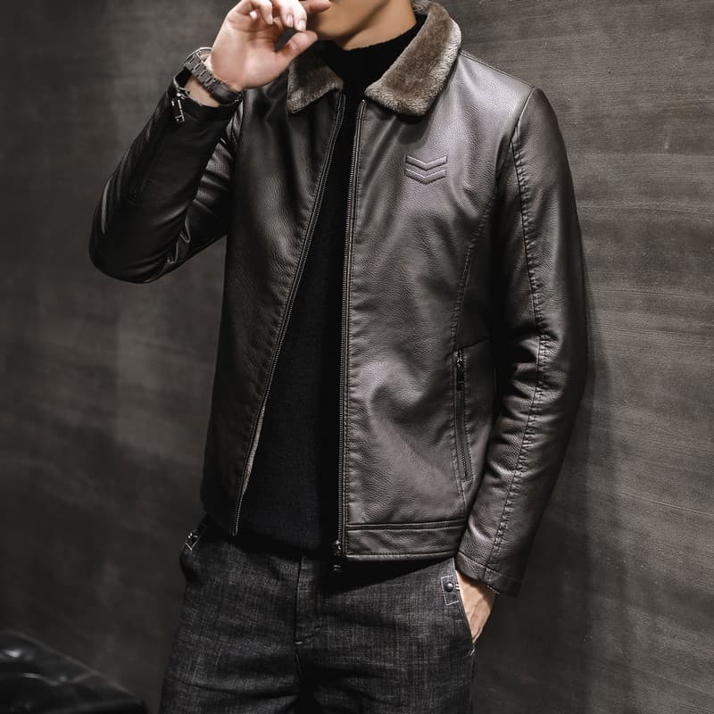 Men's Leather Jacket with Fleece Lining 2021 New Style Men's Leather Jacket Turn-down Collar Middle-aged and Elderly Men's Clothing Father's Wear Thick Fashion Wholesale