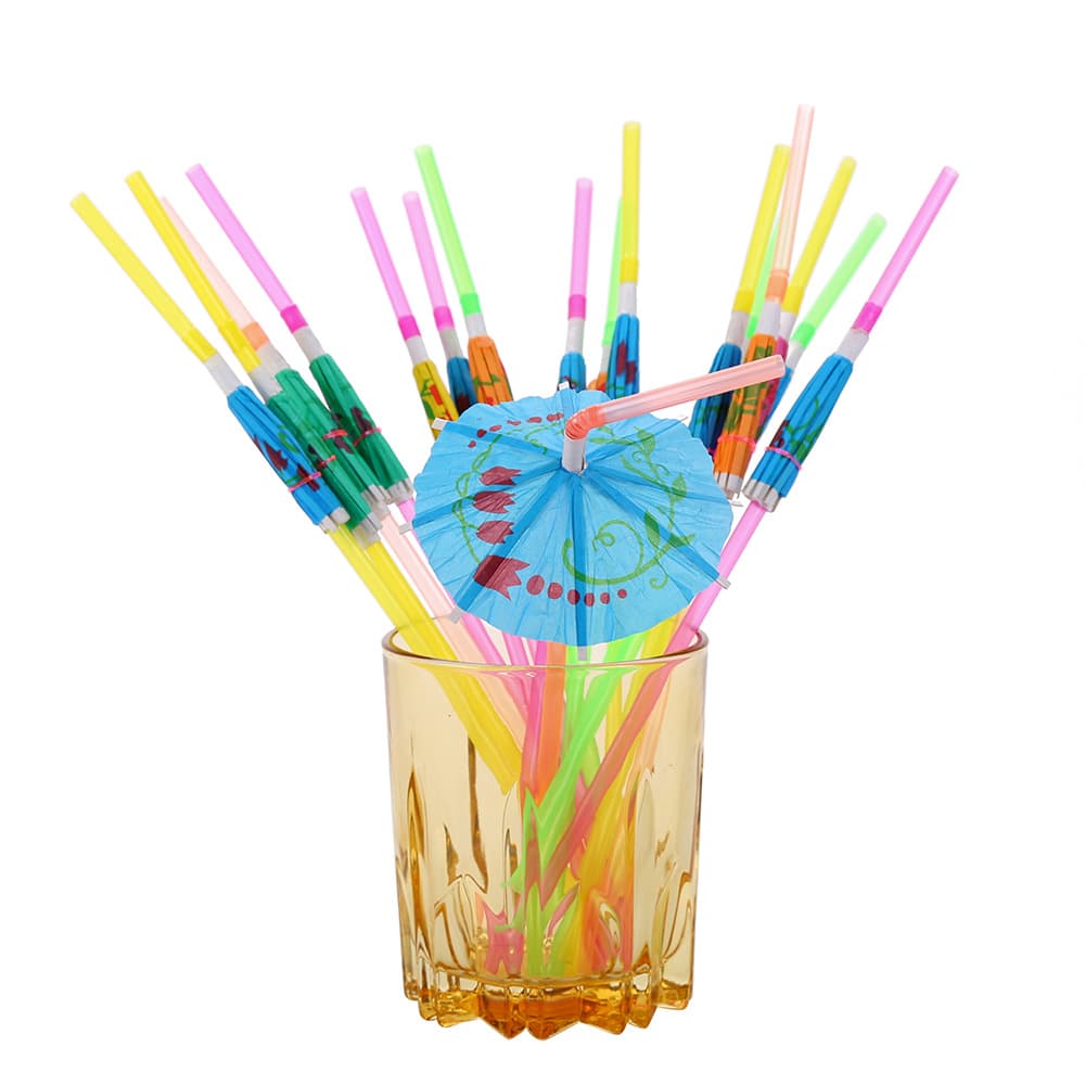 Craft straws, party fluorescent umbrellas, Hawaiian striped umbrellas, disposable flexible plastic straws, in stock.